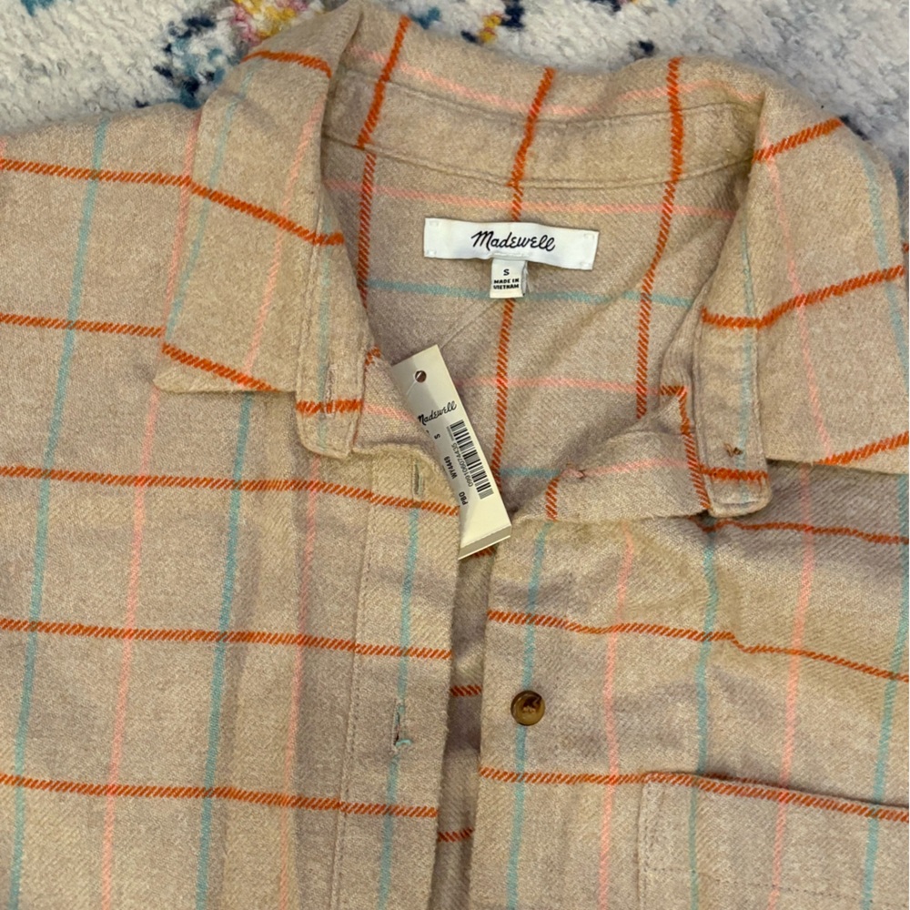 Madewell Tan Plaid button-down Flannel with Orange and Blue Accents
